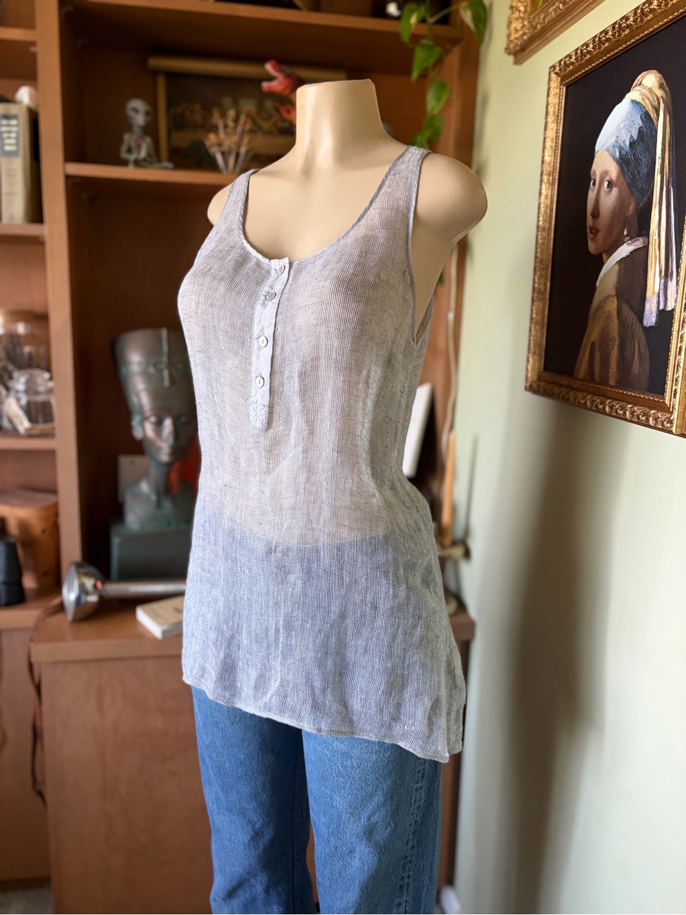 Eileen Fisher Gray Silver Mesh Linen Henley Tank Top Womans Size S Minimalist - Picture 1 of 16